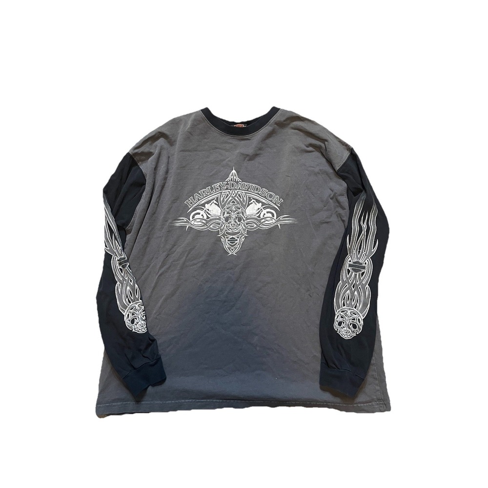 Vintage 90s Harley-Davidson T-Shirt Long-Sleeve Tribal Biker Goth Faded Men XL